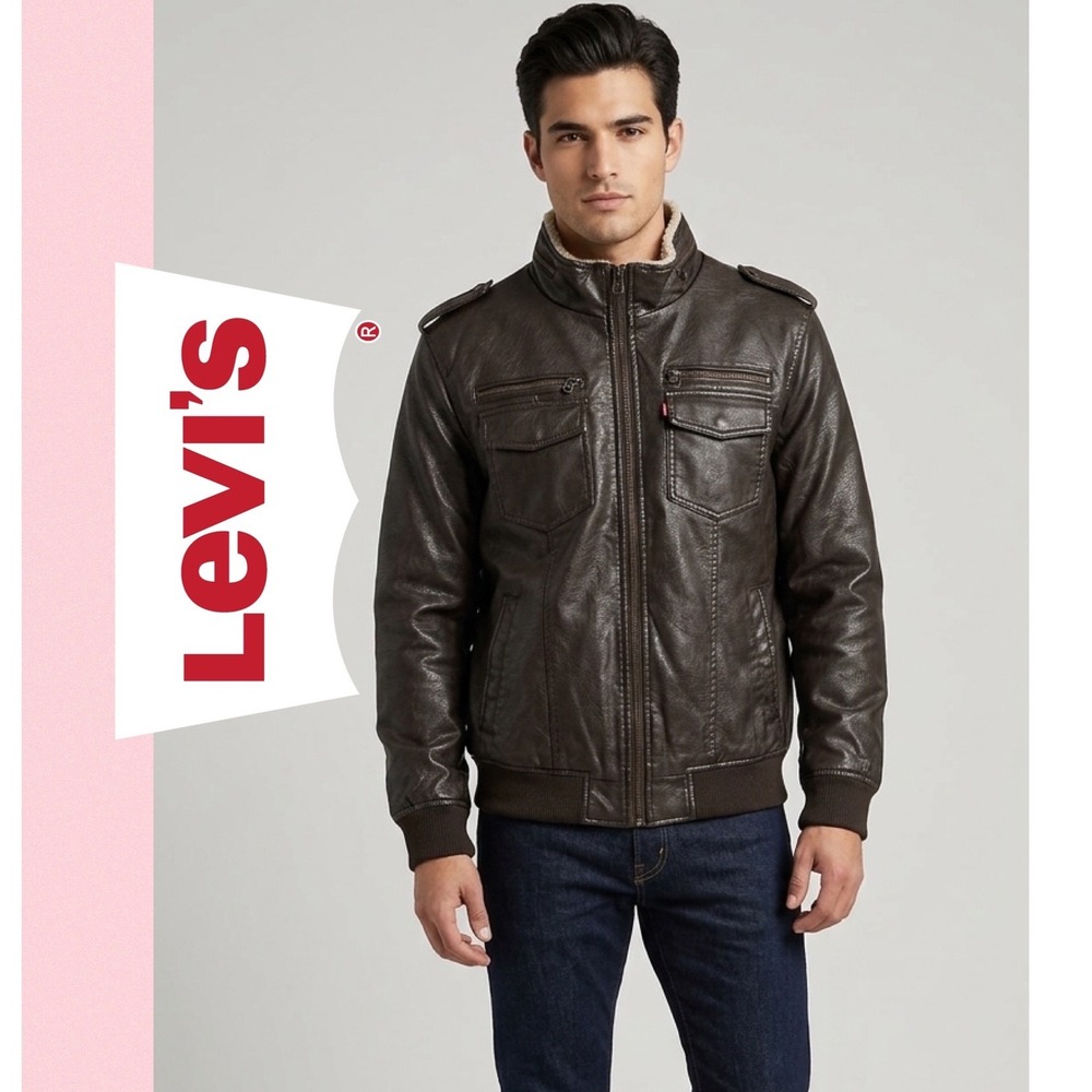 Levis Mens Faux Leather Sherpa Lined Bomber Jacket Dark Brown Military Large